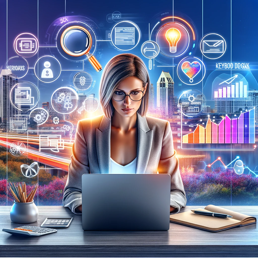 Digital marketing expert, a Caucasian woman, conducting keyword research for San Diego digital marketing at her desk with a laptop, surrounded by icons of a magnifying glass, notepad, light bulb, and San Diego cityscape.