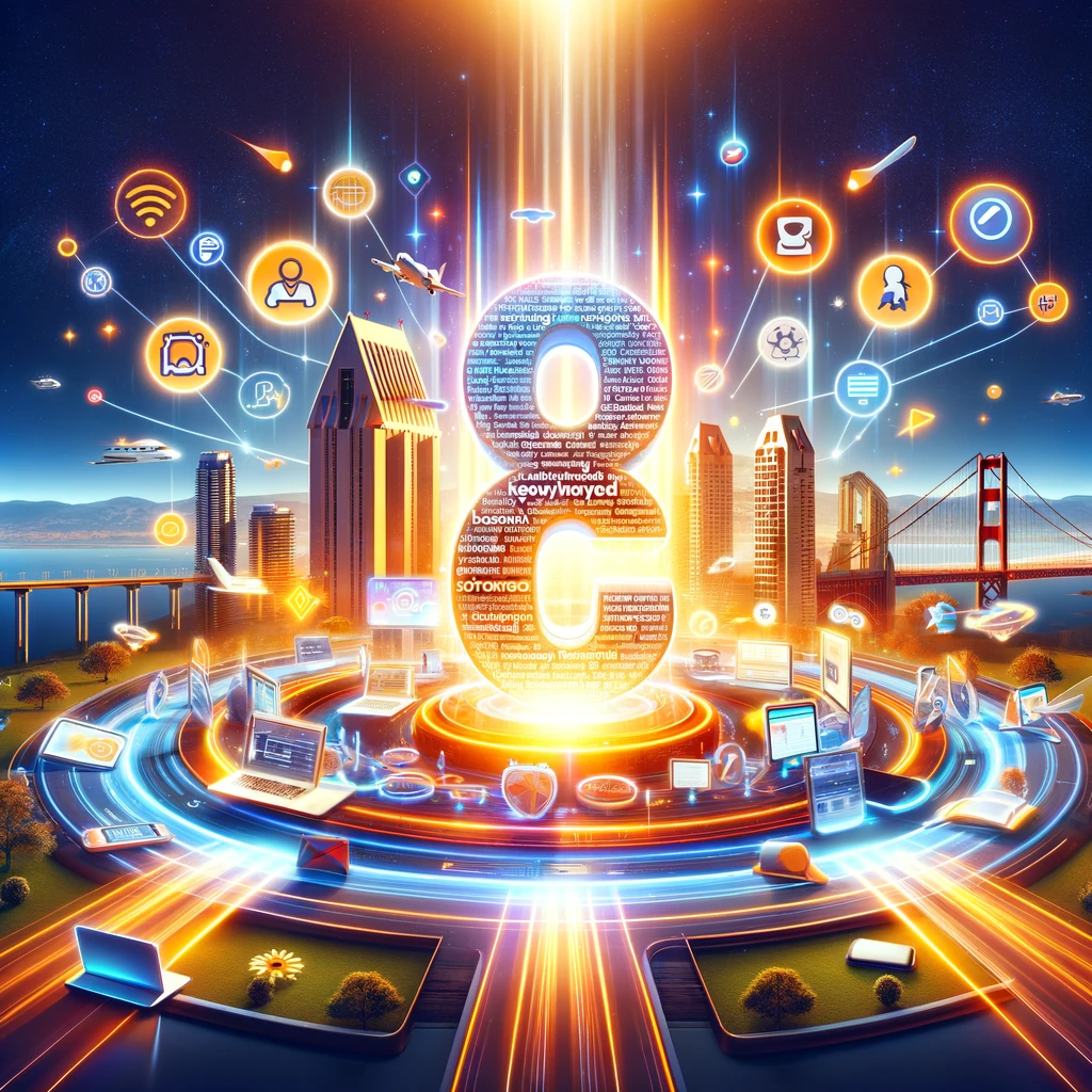 A digital artwork showcasing a glowing keyword structure surrounded by digital marketing elements like laptops and social media icons, set against a stylized San Diego skyline.