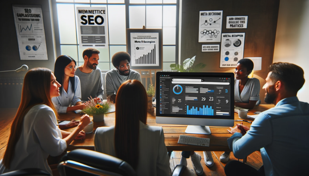 A diverse team of digital marketing professionals in San Diego collaboratively optimizing a website's meta description, as shown on an SEO analytics dashboard.
