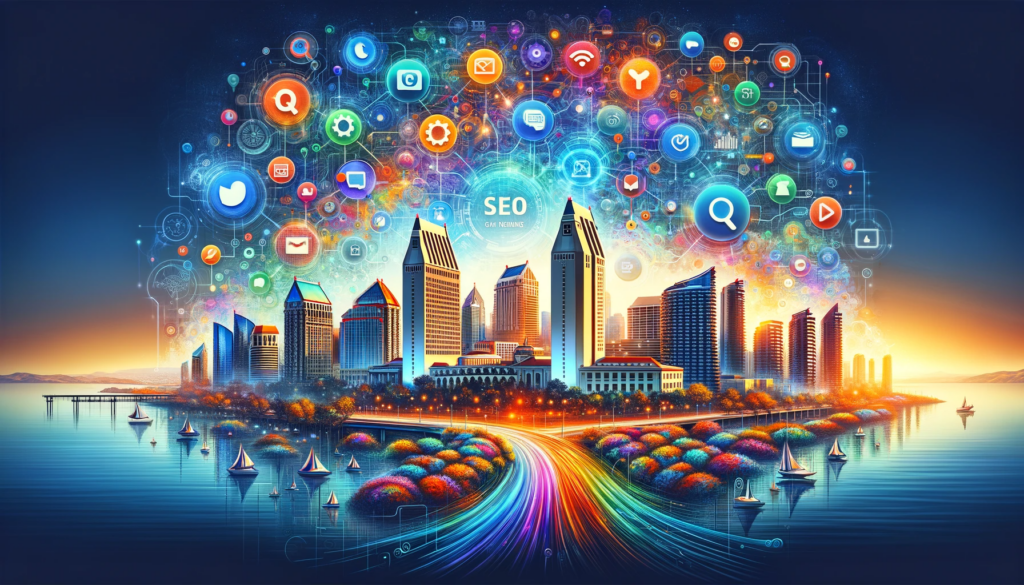 Digital elements symbolizing off-page SEO integrated into San Diego's cityscape, highlighting its impact on digital marketing.