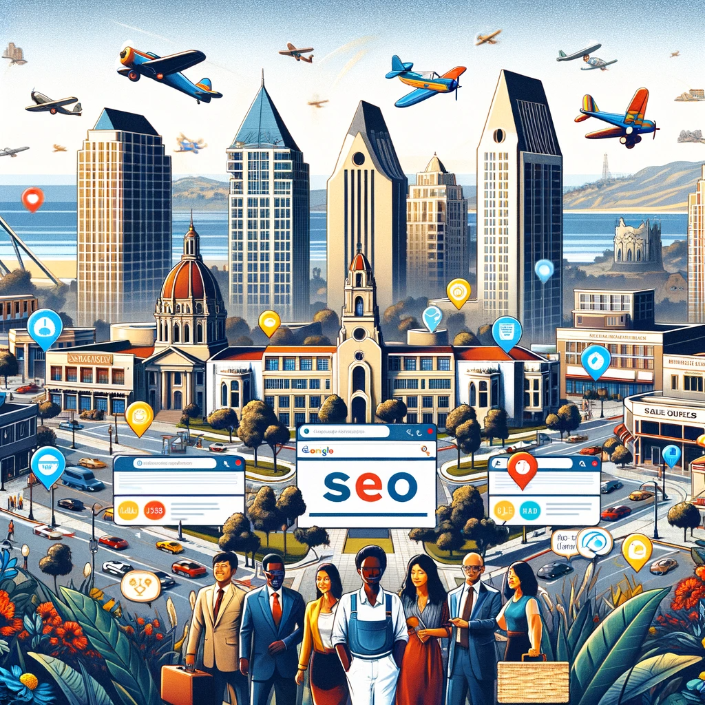A digital illustration showing a vibrant San Diego cityscape with diverse small business owners (Asian, Black, Hispanic, and Caucasian) thriving amidst iconic landmarks. Elements of SEO like keywords and local maps are artistically integrated into the scene.
