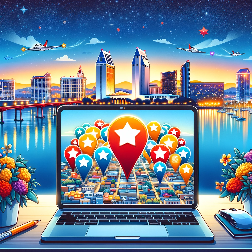 Digital illustration of San Diego's skyline with a laptop screen showing a map and online reviews for local businesses.