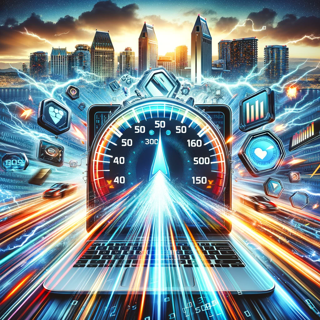 "Speedometer and lightning-fast arrows over San Diego's digital skyline, symbolizing rapid page loading."