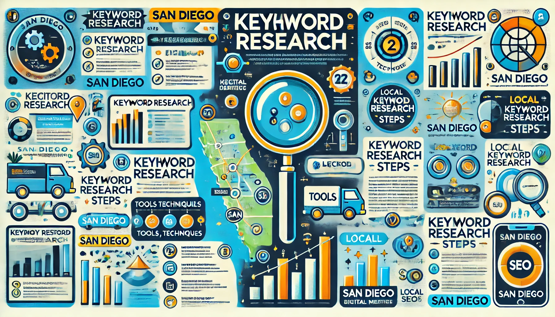 Infographic illustrating the best practices for keyword research in the San Diego digital marketing industry, including icons of a magnifying glass, bar chart, checklist, and a San Diego map with highlights. The layout is professional with blue and green colors.