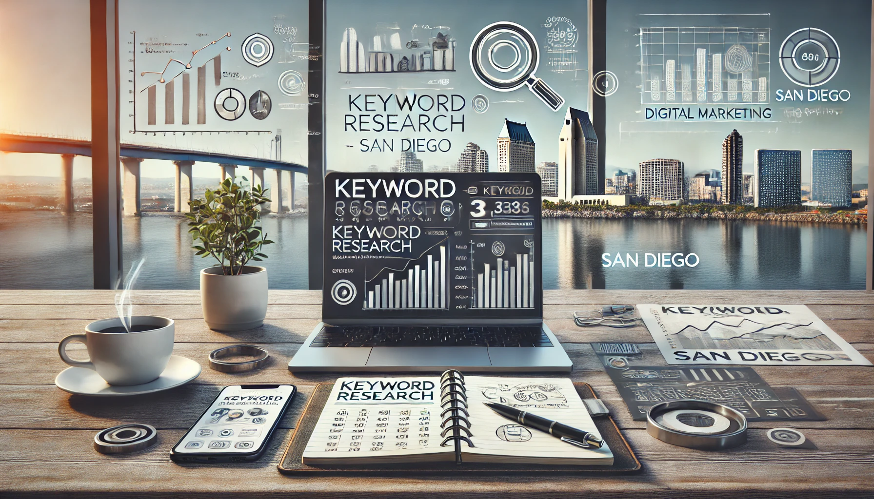 A wide image showcasing tools and techniques for keyword research in San Diego digital marketing. The image features a modern workspace with a laptop displaying keyword research software, a smartphone with a keyword planner app, and a notebook with handwritten notes. Charts and graphs on a whiteboard illustrate keyword trends and analysis. The background includes a San Diego skyline view through a window. Elements like a magnifying glass, search icons, and various digital marketing tools are also present.