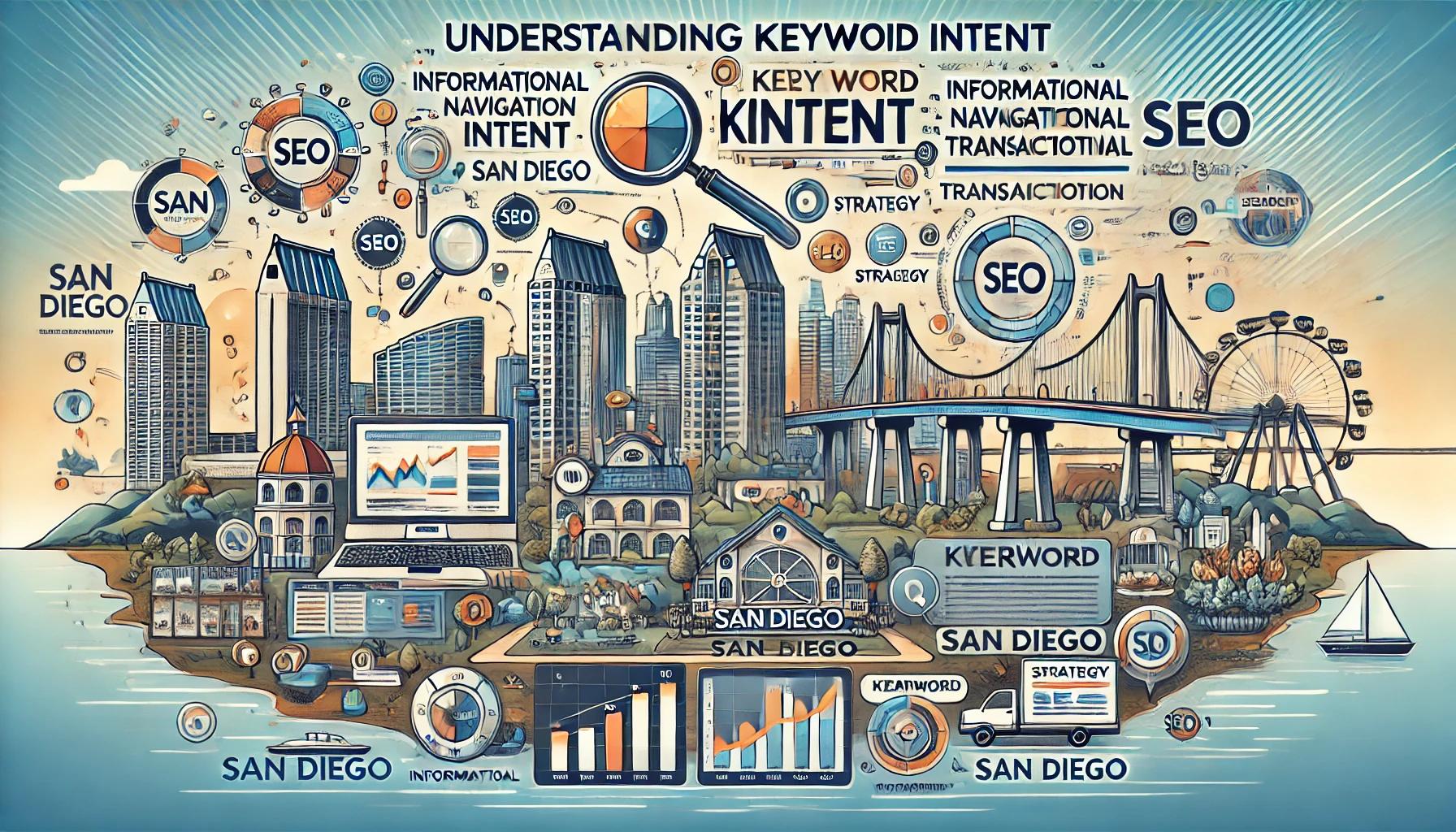 Infographic on understanding keyword intent for successful San Diego digital marketing, featuring sections on informational, navigational, and transactional keywords, with icons, charts, and graphs. San Diego landmarks like the Coronado Bridge and downtown skyline are integrated into a digital marketing theme with search engine and SEO tool icons.