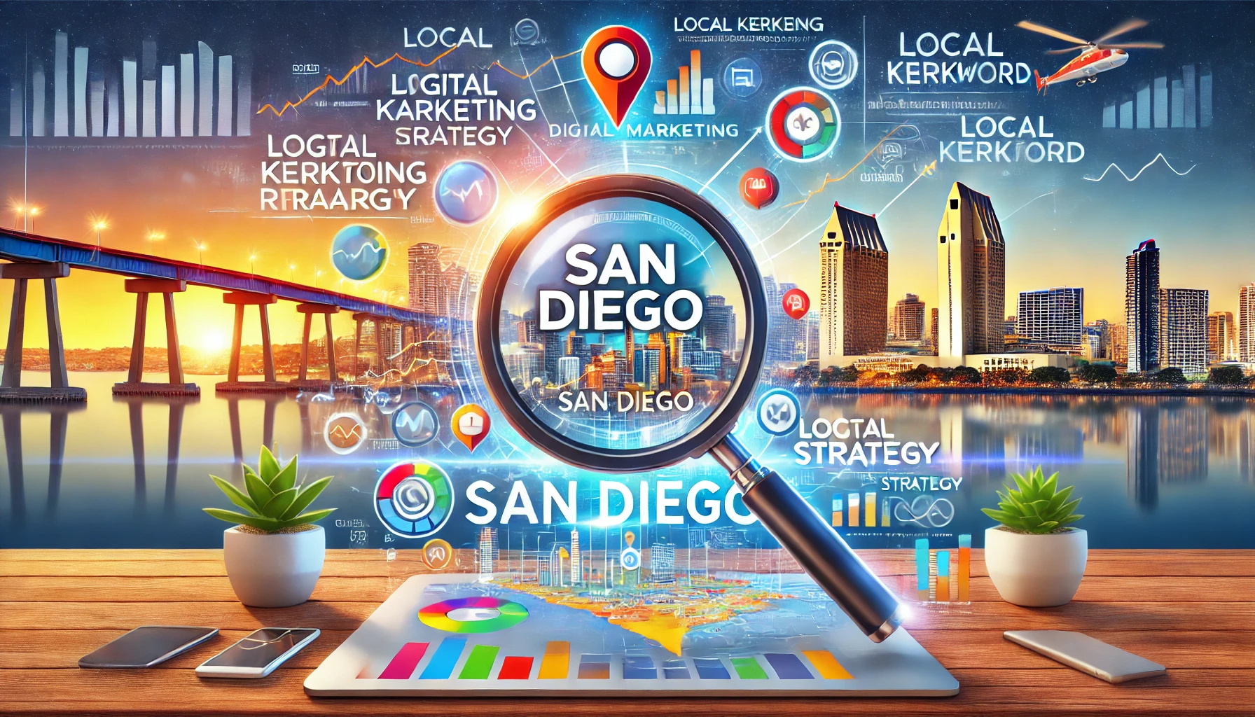 Optimizing San Diego digital marketing with local keyword research concept. The image includes a map of San Diego, a magnifying glass highlighting local keywords, digital marketing icons like graphs and a laptop, and a background featuring the Coronado Bridge and downtown San Diego landmarks.