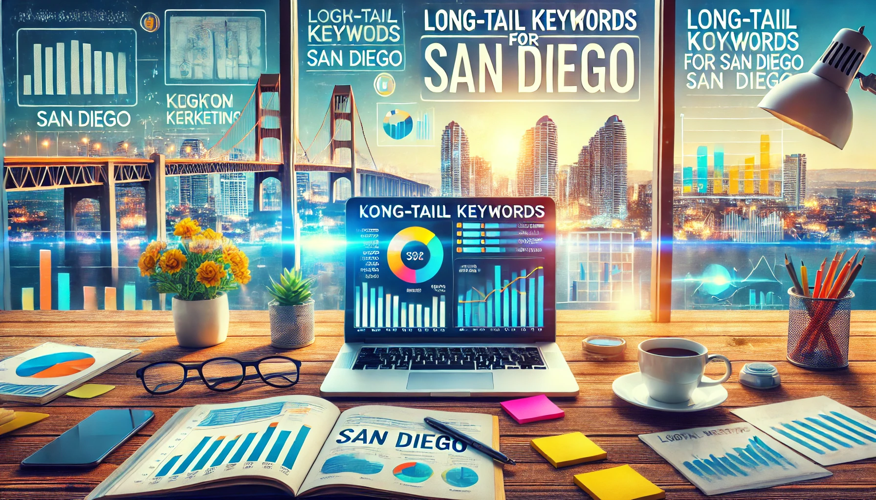 A vibrant digital marketing workspace featuring a laptop with an analytics dashboard, surrounded by keyword research tools, charts, and graphs highlighting 'Long-Tail Keywords for San Diego.' The setting includes elements like sticky notes, a coffee cup, and a San Diego skyline view through the window, symbolizing digital marketing success.